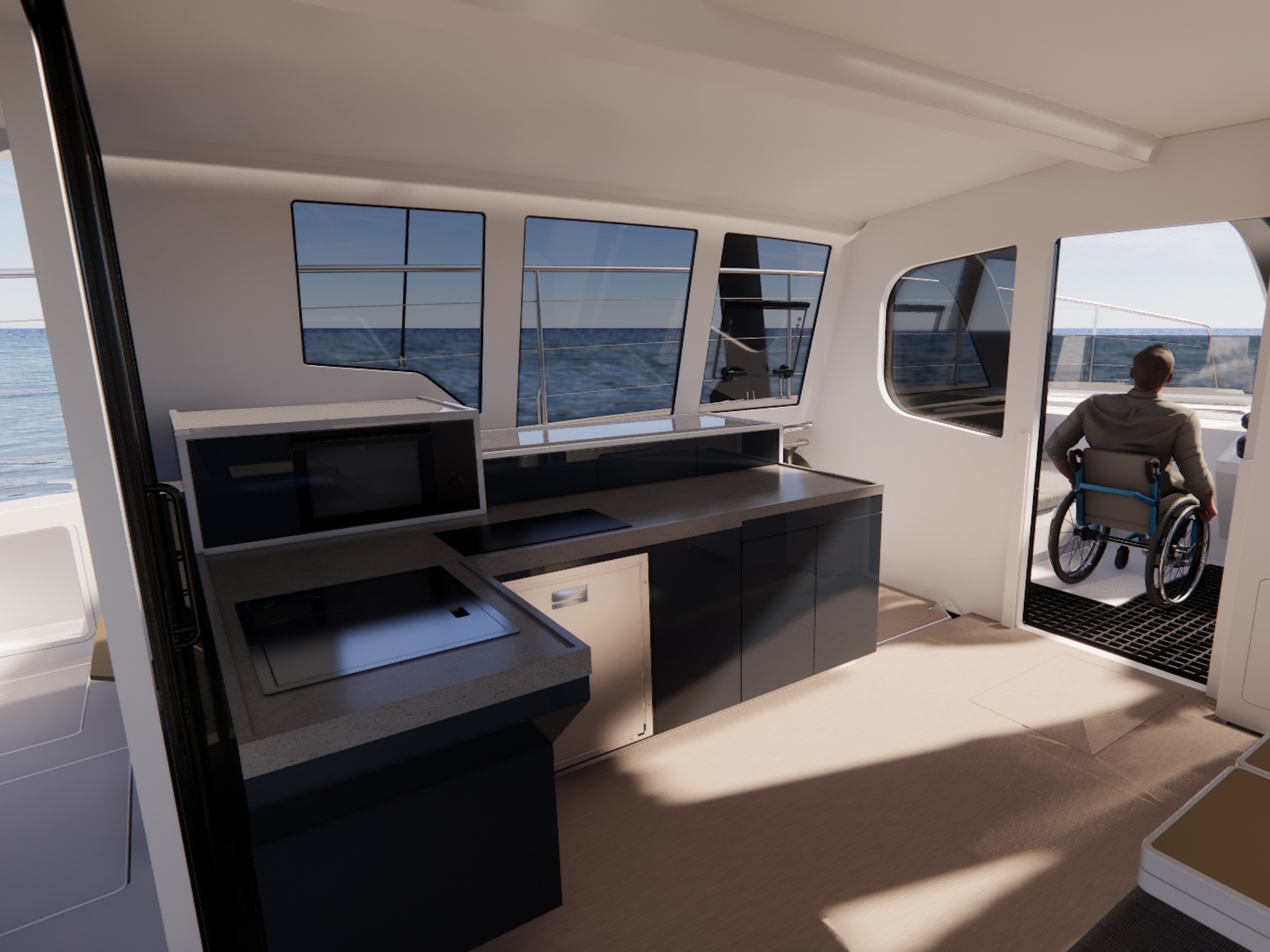 Accessible galley for multi-day cruising.