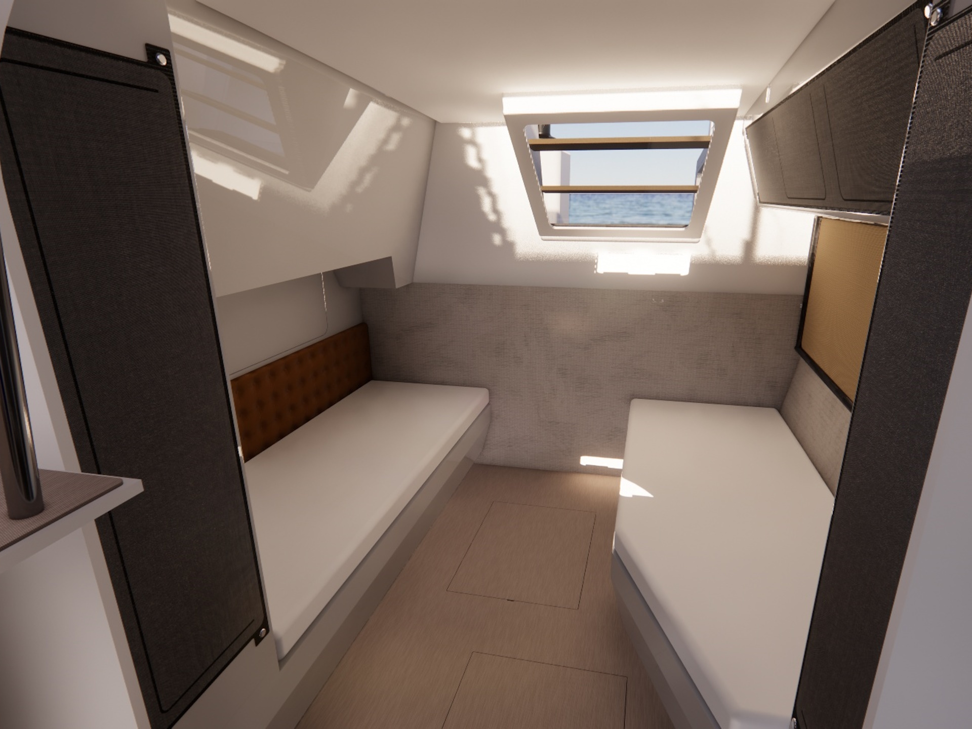 A view of a cabin in the hull of the spacious new DSA Dazcat.